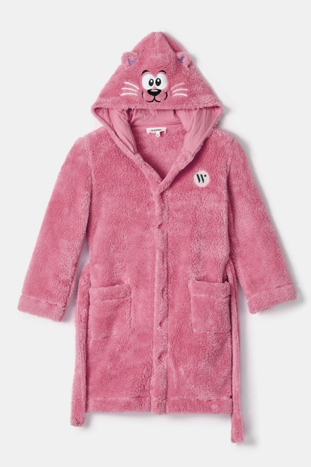 Roze kamerjas in teddystof met kattenmotief op de capuchon Roze kamerjas in teddystof met kattenmotief op de capuchon