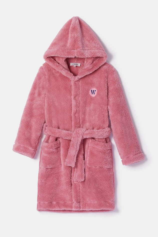 Roze kamerjas in teddystof met kattenmotief op de capuchon Roze kamerjas in teddystof met kattenmotief op de capuchon