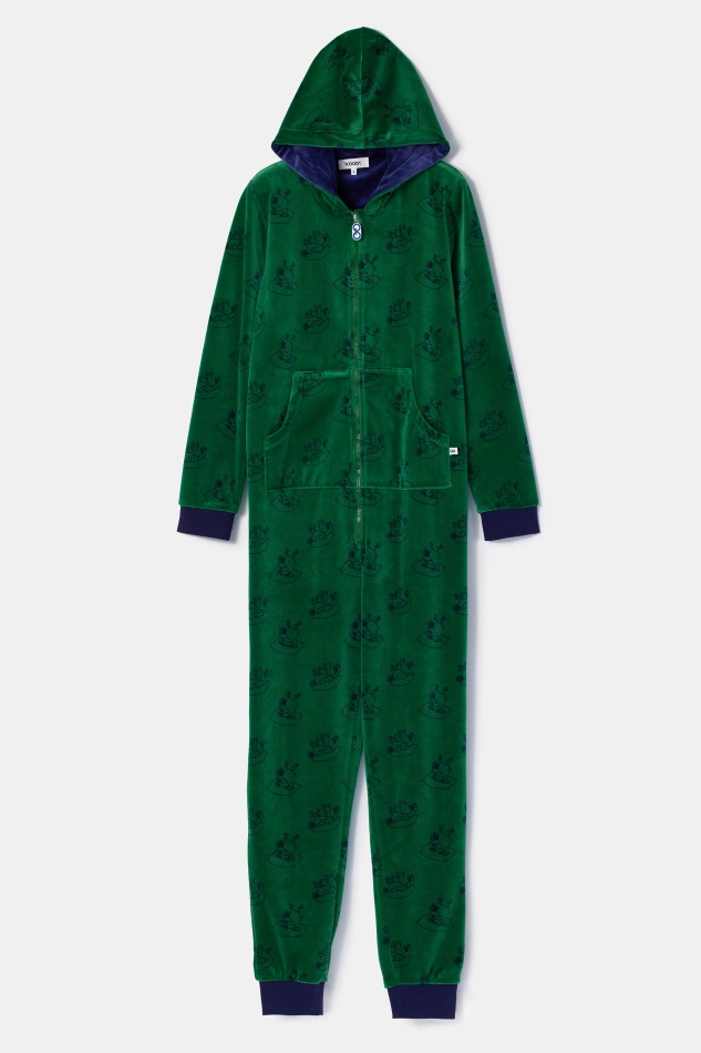 Groene onesie met duivenprint in velours Groene onesie met duivenprint in velours